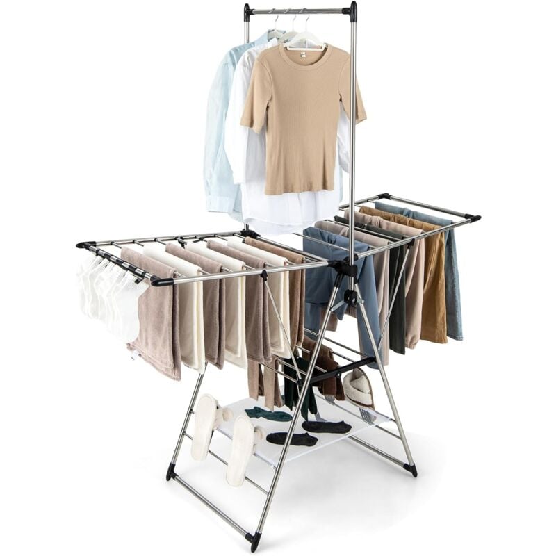 Tendoir Linge Intérieur, Sechoir à Linge Pliable en Alu avec Cintre Haut et Filet de Séchage, Tancarville Linge Solide Réglable 77-127 cm, 4