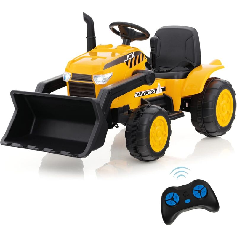 Excavatrice Tracteur Electrique 12V pour Enfant avec Télécommande 2,4G, Pelleteuse avec 4 Penus, led & Musique, Démarrage Progressif, Véhicule de