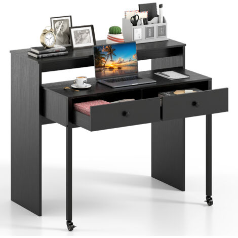 COSTWAY Extendable Computer Desk Convertible Home Office Desk w/ Drawers-Black