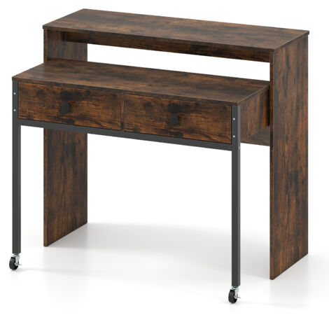 COSTWAY Extendable Computer Desk Convertible Home Office Desk w/ Drawers-Coffee