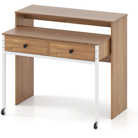 COSTWAY Extendable Computer Desk Convertible Home Office Desk w/ Drawers-Natural
