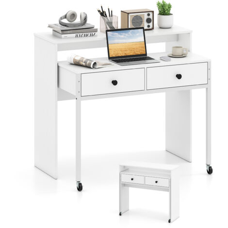 COSTWAY Extendable Computer Desk Convertible Home Office Desk w/ Drawers-White