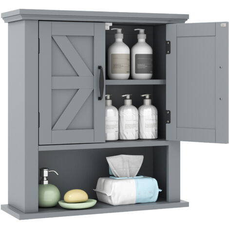 COSTWAY Farmhouse Style Wall Mounted Medicine Cabinet with Adjustable Shelves Grey
