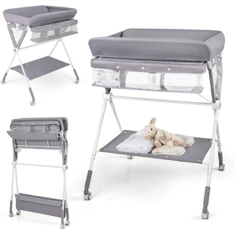 COSTWAY Fasciatoio Pieghevole per Bambini,Altezza Regolabile,Porta Asciugamani,0-12 Mesi,Grigio