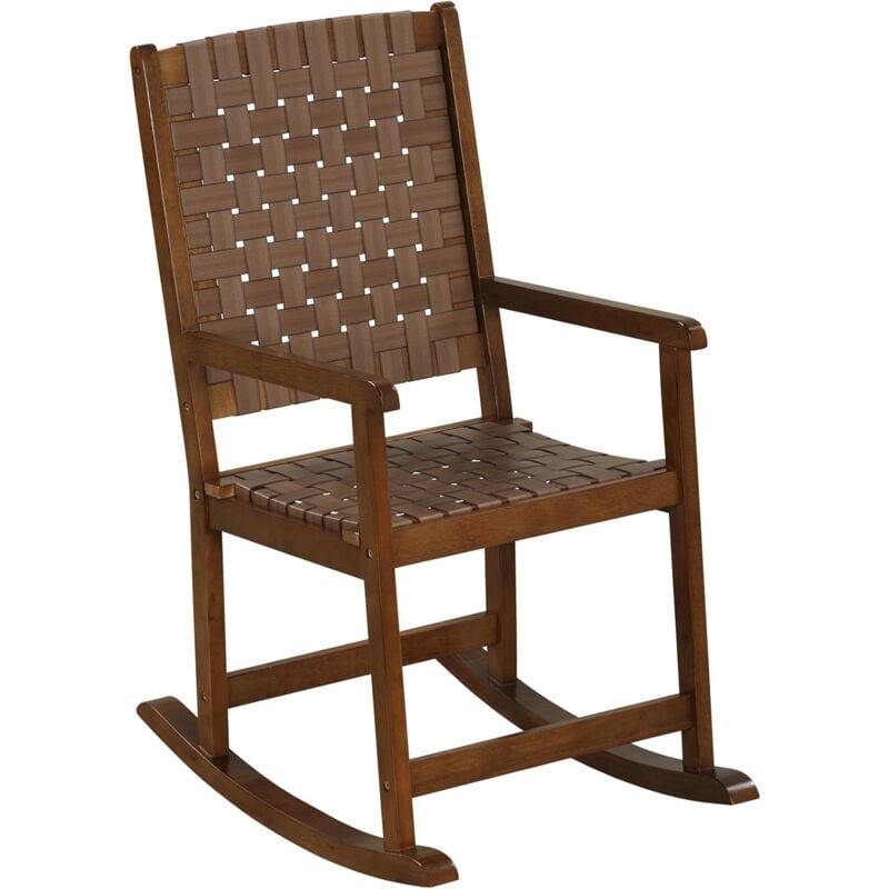 Fauteuil à Bascule en Bois d'Hévéa, Chaise de Jardin d'Extérieur, Rocking Chair avec Siège en pu, Mobilier Ergonomique pour Terrasse, Balcon, Porche,