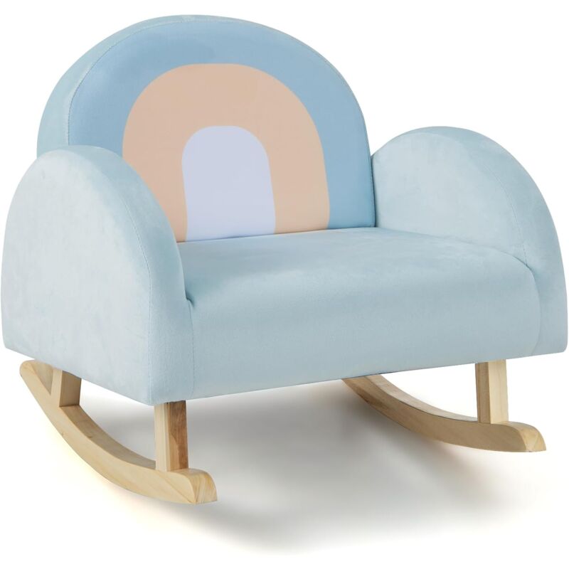 Fauteuil à Bascule Enfant en Peluche avec Dossier & Accoudoirs Confortable, Chaise à Bascule en Bois avec Joli Motif Arc-en-Ciel, Charge 50kg pour