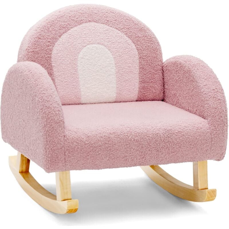 Fauteuil à Bascule Enfant en Peluche avec Dossier & Accoudoirs Confortable, Chaise à Bascule en Bois avec Joli Motif Arc-en-Ciel, Charge 50kg pour