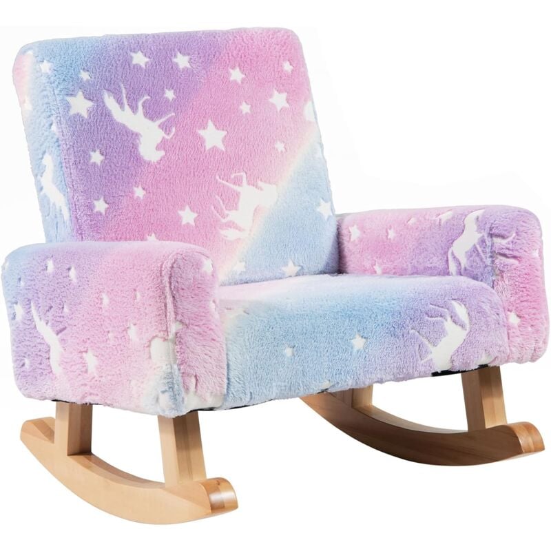 Fauteuil à Bascule Enfant Lumineux (Brillant dans Le Noir) avec Motif de Licorne, Chaise à Bascule en Bois avec Dossier & Accoudoirs Confortable,