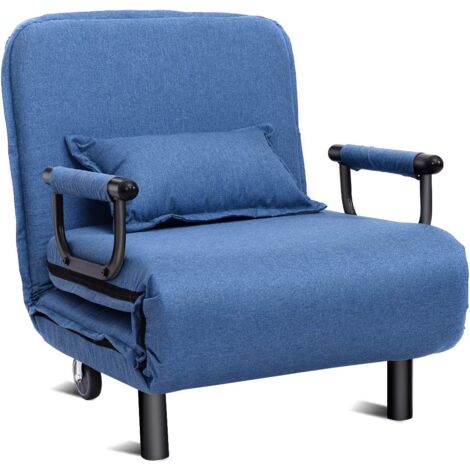COSTWAY Fauteuil Convertible 3 en 1 avec Accoudoirs, Siège Confortable, Coussin et Oreiller Rembourré par des éponges de Haute Qualité, Dossier Réglable, Roue de Déplacements avec Frein (Bleu)