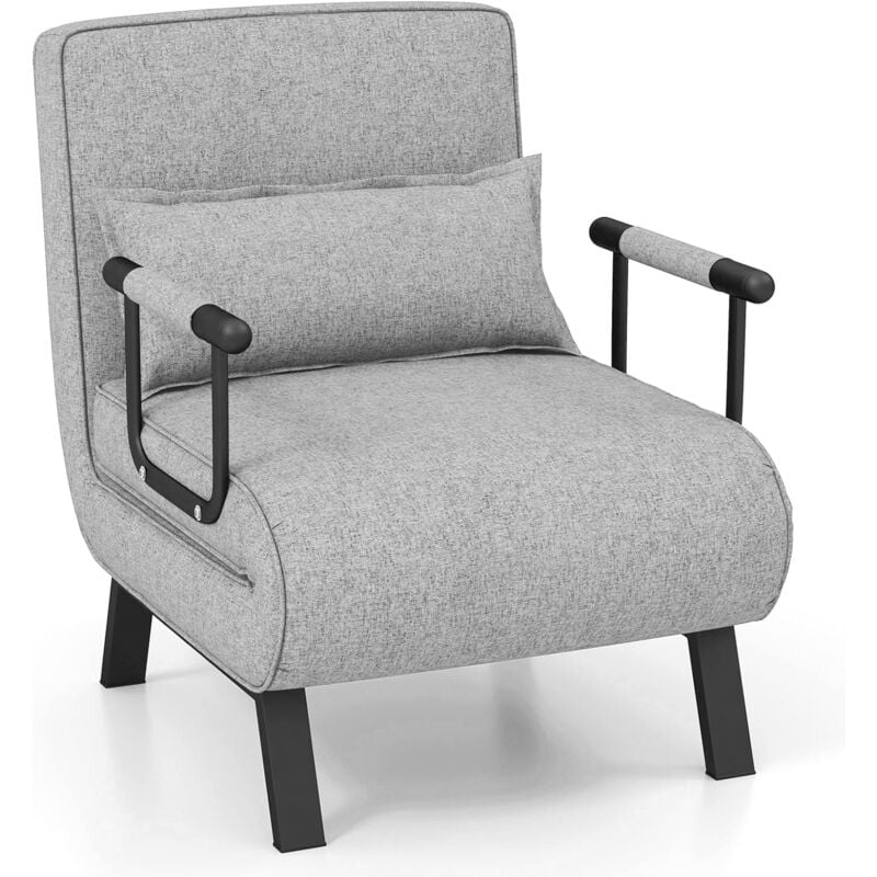 Fauteuil Convertible à Lit 1 Place, Fauteuil de Salon 4-en-1, Dossier Réglable en 6 Positions avec Oreiller Gris Clair - Costway