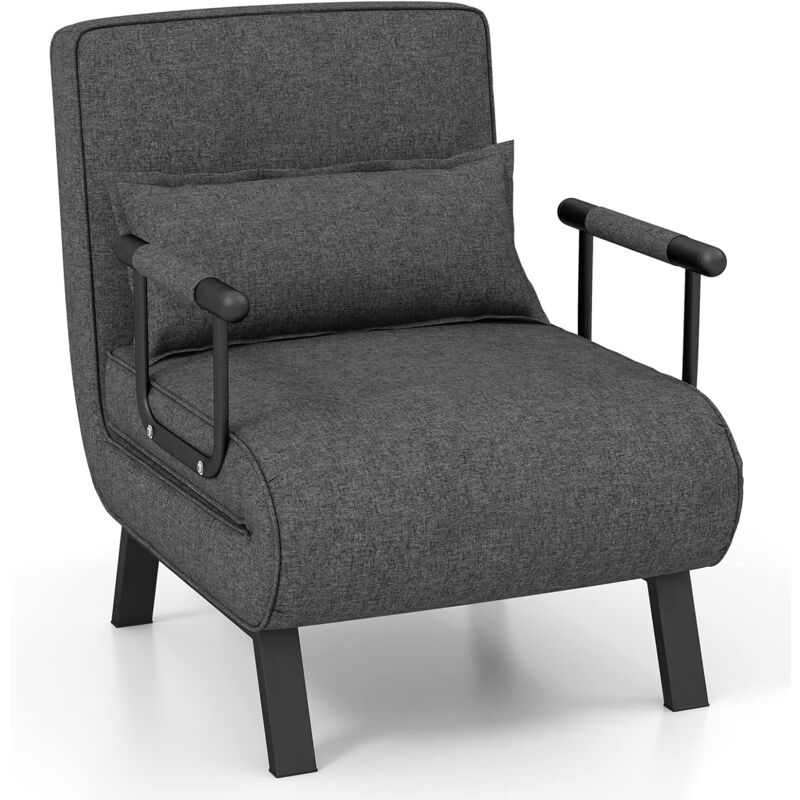 Fauteuil Convertible à Lit 1 Place, Fauteuil de Salon 4-en-1, Dossier Réglable en 6 Positions avec Oreiller Gris Foncé - Costway