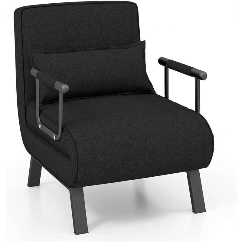 Fauteuil Convertible à Lit 1 Place, Fauteuil de Salon 4-en-1, Dossier Réglable en 6 Positions avec Oreiller Noir - Costway
