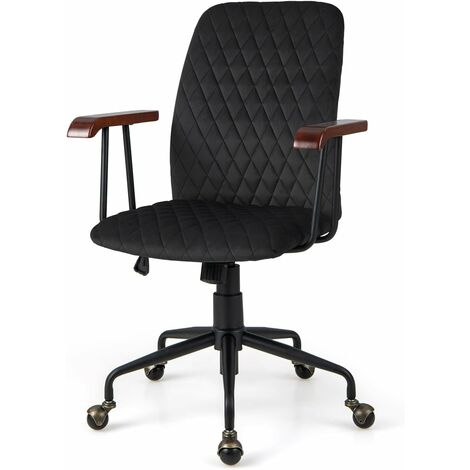 COSTWAY Fauteuil de Bureau à Roulette en Velours, Chaise Pivotante Réglable,Style Vintage Elégant,Accoudoirs en Bois de Caoutchouc (Noir)