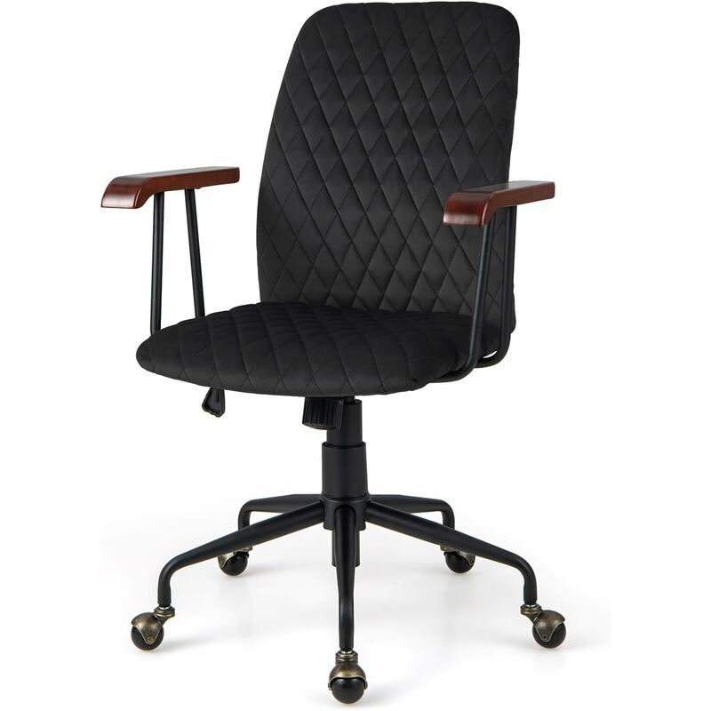 costway - fauteuil de bureau à roulette en velours, chaise pivotante réglable,style vintage elégant,accoudoirs en bois de caoutchouc (noir)