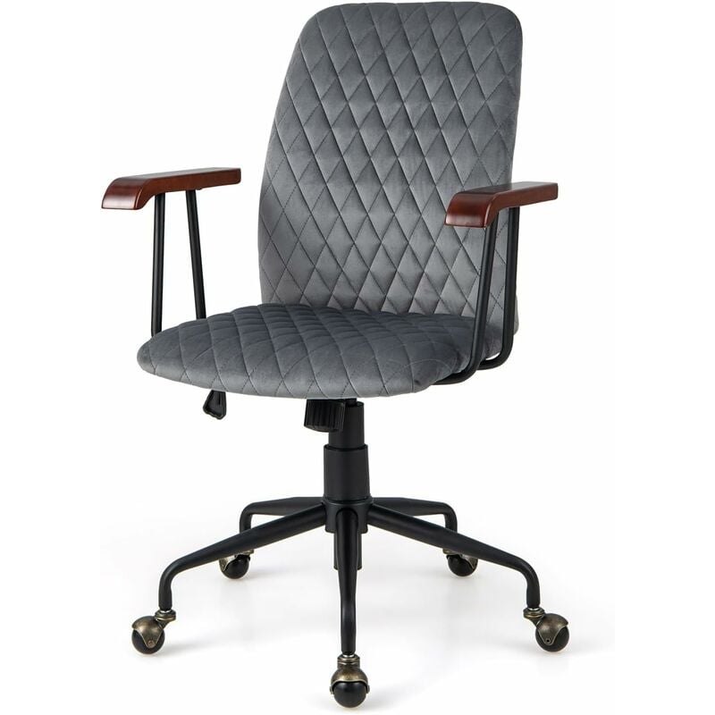costway - fauteuil de bureau à roulette en velours, chaise pivotante réglable,style vintage elégant,accoudoirs en bois de caoutchouc (gris)