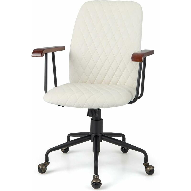 costway - fauteuil de bureau à roulette en velours, chaise pivotante réglable,style vintage elégant,accoudoirs en bois de caoutchouc (beige)