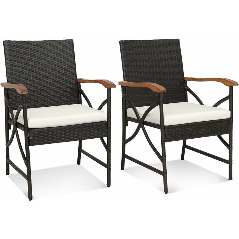 Costway - Fauteuil de Jardin Éxterieur Lot de 2 avec Coussins, Chaise Jardin Exterieur en Rotin pe avec Accoudoirs en Bois, Cadre en x, Hauteur