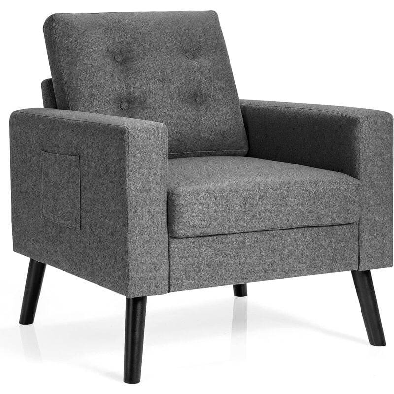 Costway - Fauteuil de Salon 1 Personne, Style Scandinave, Canapé 1 Place avec Pieds Bois d'Hévéa, 2 Poches Latérales, pour Chambre, Salon, Bureau