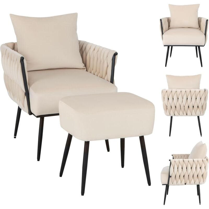 Costway - Fauteuil de Salon avec Tabouret et Oreiller Lombaire, Fauteuil Scandinave en Velours Hollandais, Dossier et Accoudoirs Tissés, Profondeur