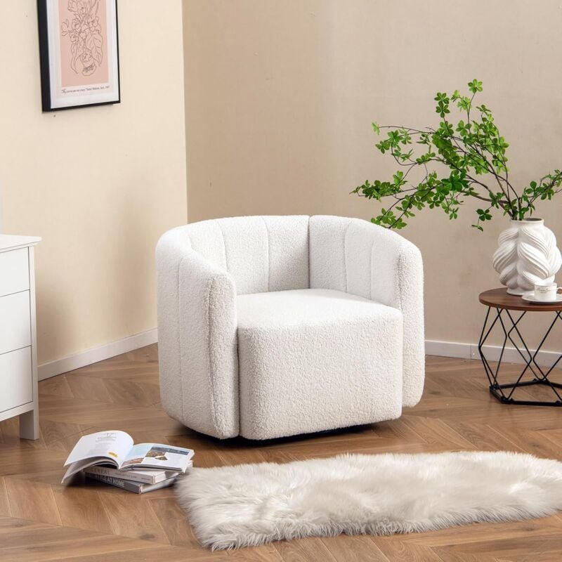 Fauteuil Pivotante en Forme de Tonneau, Chaise d'Appoint Rembourrée Moderne en Sherpa avec Dossier Incurvé et Accoudoirs, Siège Spacieux, Fauteuil de
