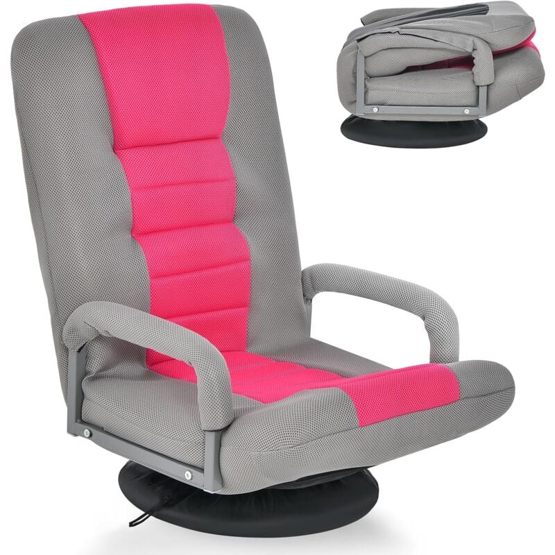 Fauteuil Pliable de Sol, Chaise de Jeu avec Dossier Réglable sur 5+2 Positions et Base Pivotante à 360°, avec accoudoirs, Cadre en Métal Robuste,