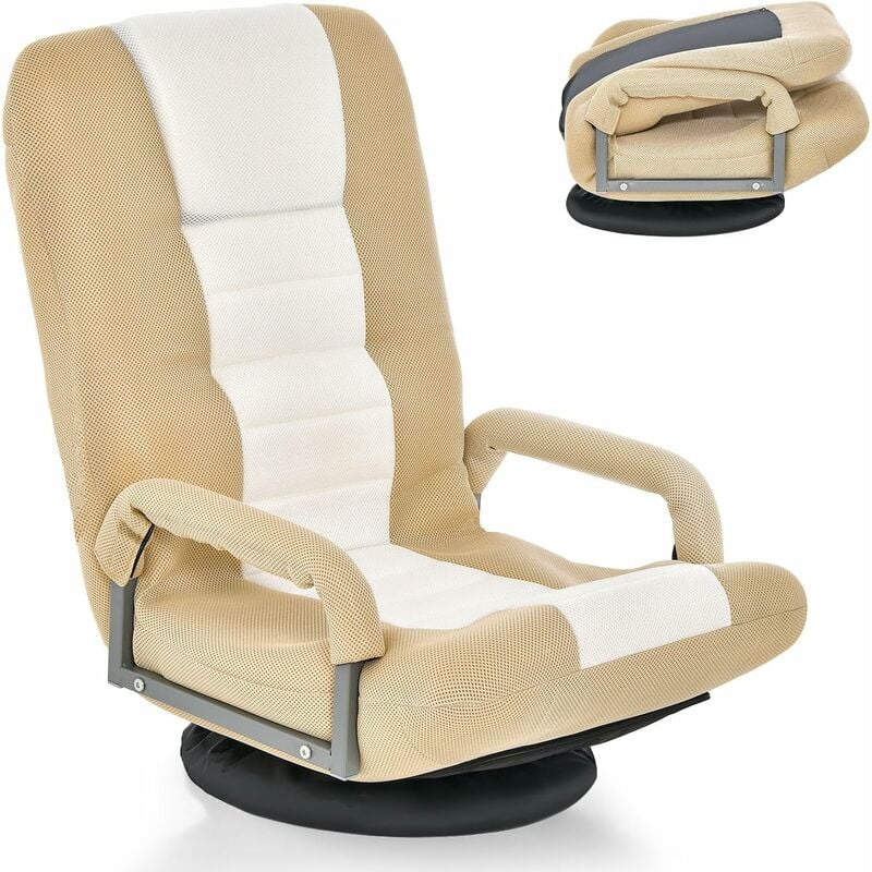 Fauteuil Pliable de Sol,Chaise de Jeu avec Dossier Réglable sur 6 Positions et Base Pivotante à 360°, Cadre en Fer Robuste Brun Clair - Costway