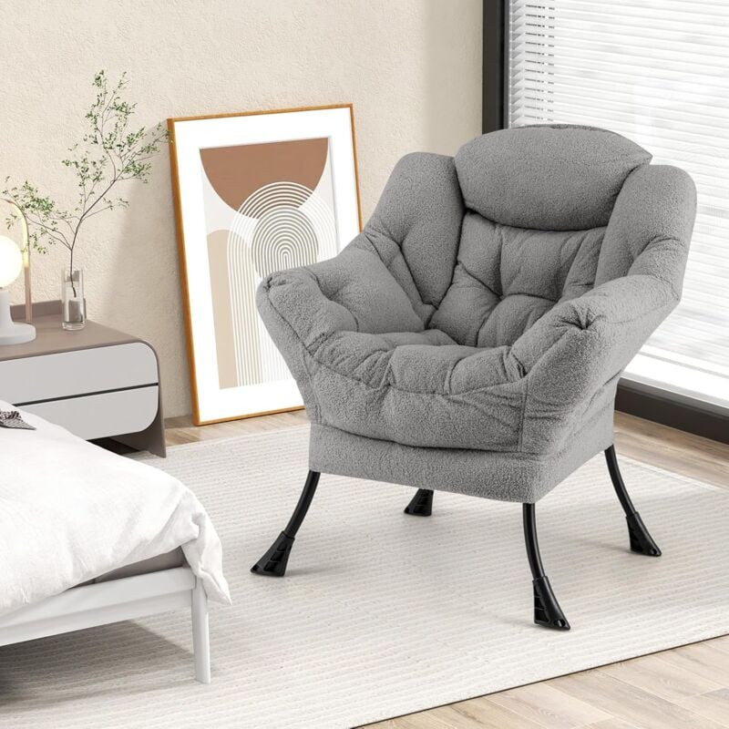 Costway - Fauteuil Salon Scandinave, Fauteuil Relax en Sherpa avec Oreiller et Poche Latérale, Fauteuil Chambre pour Lecture, Cadre en Métal pour