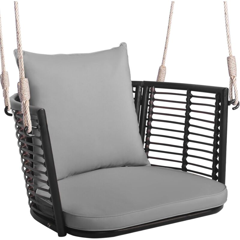 Fauteuil Suspendu Interiuer Exterieur, Chaise Suspendue 180 kg de Capacité, 2 Coussins Inclus, Dossier en Rotin Tissé, Crochets en Métal, Chaise