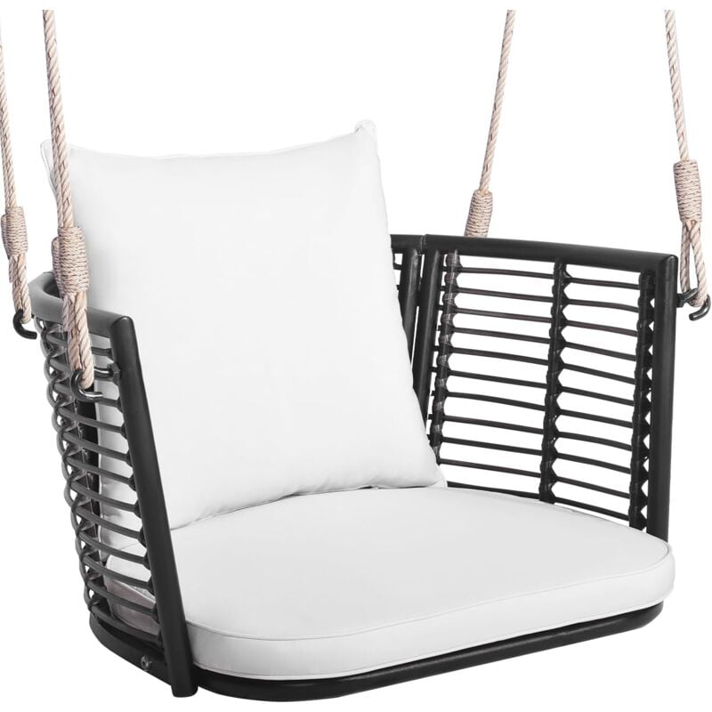 Fauteuil Suspendu Interiuer Exterieur, Chaise Suspendue 180 kg de Capacité, 2 Coussins Inclus, Dossier en Rotin Tissé, Crochets en Métal, Chaise