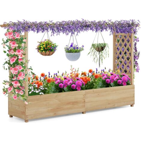 COSTWAY Fioriera da Esterno con Grigliato, Pergolato, Fori di Drenaggio, Aiuola Verticale per Piante Rampicanti, Vite e Fiore, per Giardino, Terrazzo e Balcone 200 x 44 x 114 cm (Naturale)