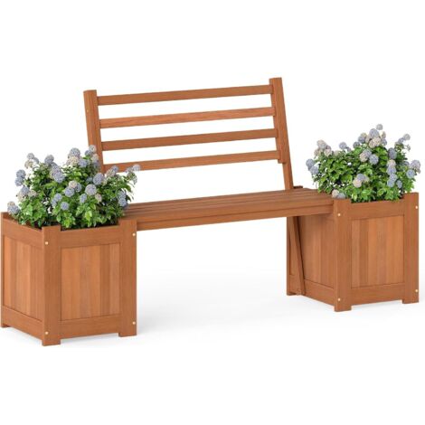 COSTWAY Fioriera da Esterno in Legno con Panca con 2 Fioriere, Schienale, Finitura Teak