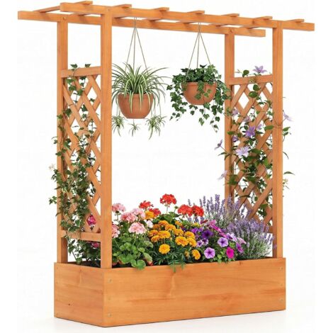 COSTWAY Fioriera Rialzata con Grigliato,Letto da Giardino Rialzato in Legno,Arancione,110x35x114cm