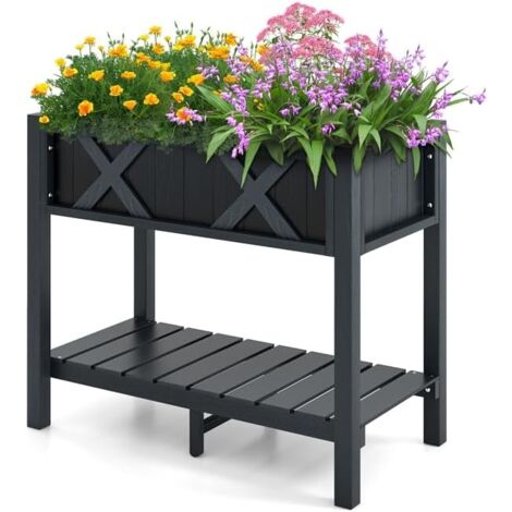 COSTWAY Fioriera Rialzata da Esterno, Letto da Giardino con Piano di Appoggio Impermeabile alle Intemperie e Fori di Drenaggio, Aiuola Rettangolare per Fiori, Erbe, Verdure e Frutta