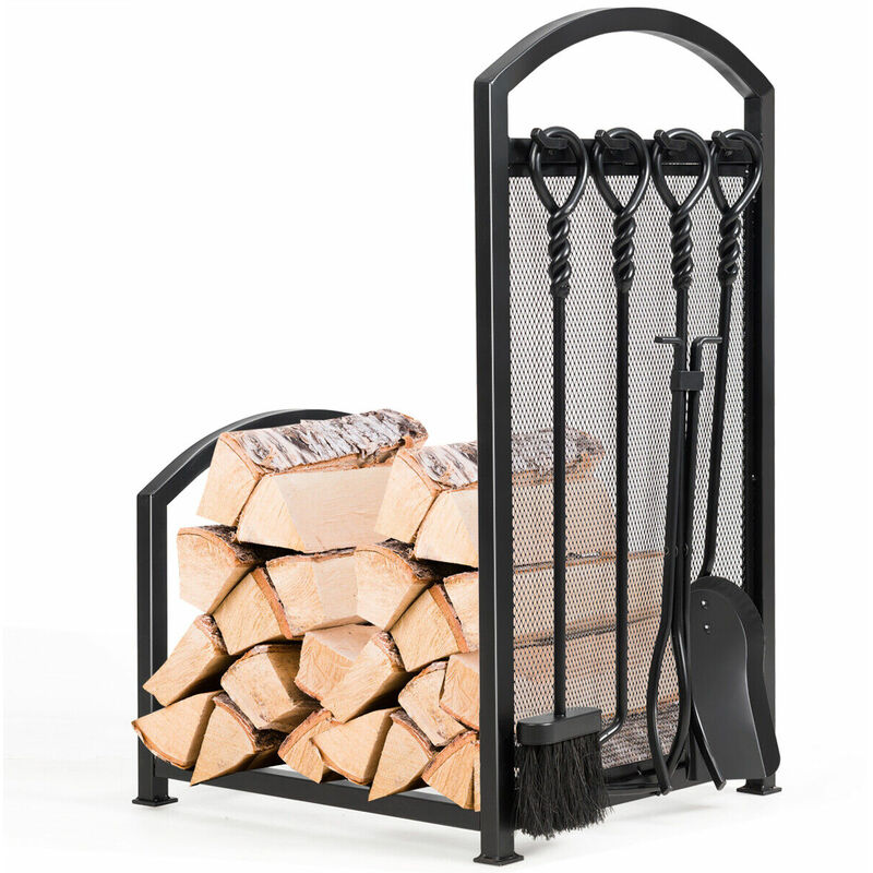 Fireplace Log Rack with Tong, Brush, Shovel and Poker, Iron Fireside Companion Set Firewood Storage Log Holder for Indoor Outdoor - Costway