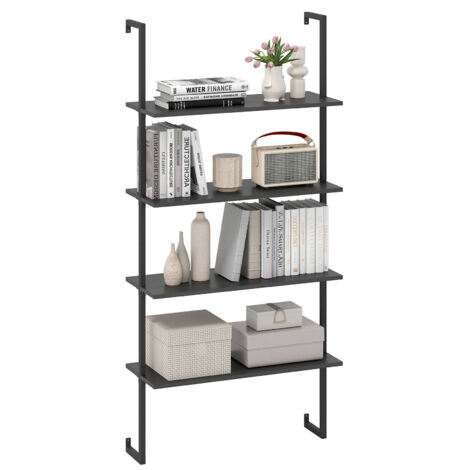 COSTWAY Floating Storage Shelves 4-Tier Wall-Mounted Ladder Bookcase Black