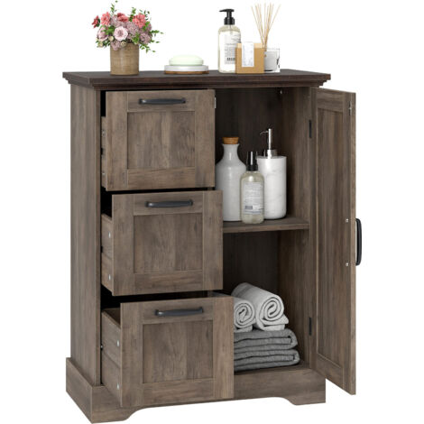 COSTWAY Floor Cabinet Farmhouse Accent Cabinet with 3 Storage Drawers-Grey