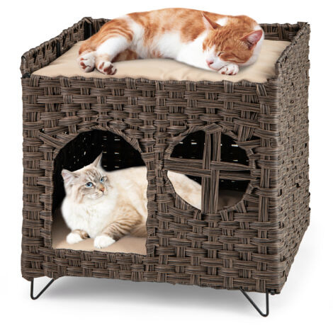 COSTWAY Foldable 2-tier Rattan Cat House Wicker Kitten Condo w/ Elevated Perch