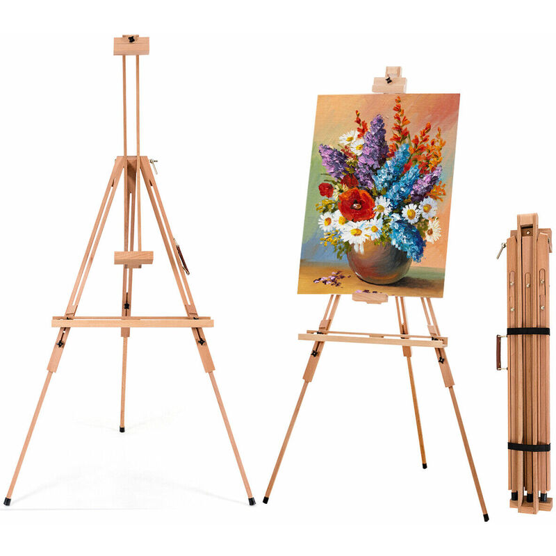 Costway - Foldable Tripod Easel, Beech Wood Studio Easels with Storage Tray, Adjustable Height and Angle, Floor Painting Stand Holds Canvas up to 78cm