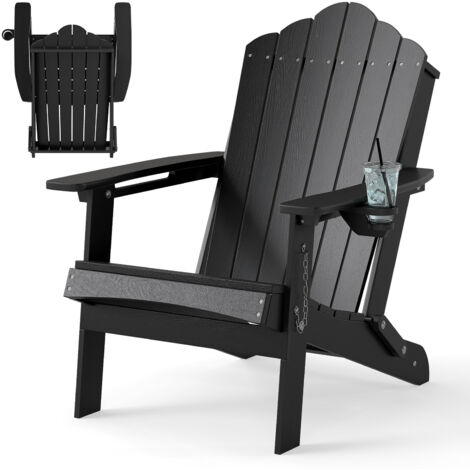 COSTWAY Folding Adirondack Chair HDPE Beach Lounge with Drink Holder Black