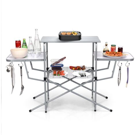 COSTWAY Folding Camping Table Aluminum Picnic Table W/2 Extended Tables-Silver
