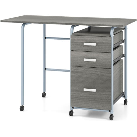 COSTWAY Folding Computer Desk Wheeled Home Office Furniture with 3 Drawers-Grey