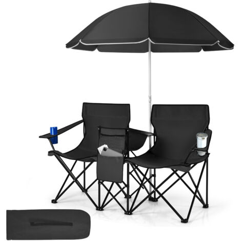 COSTWAY Folding Loveseat Camping Chair Portable Picnic Double Chair w/umbrella