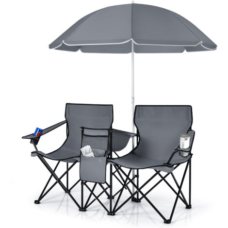 COSTWAY Folding Loveseat Camping Chair Portable Picnic Double Chair w/umbrella