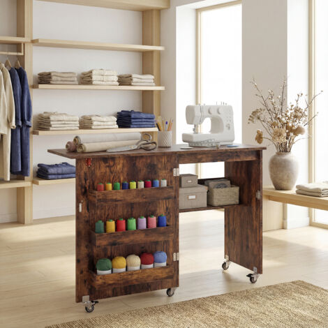 COSTWAY Folding Sewing Table Rolling Craft Station Storage Shelf 3 Hidden Bins Mobile Desk Brown