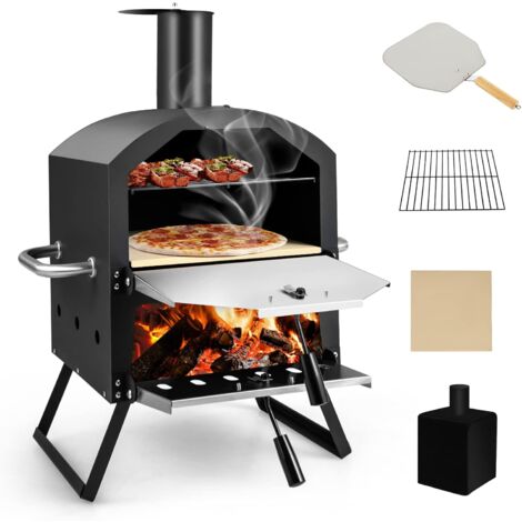 Costway – Four à pizza extérieur 2 couches – Pierre à pizza 30x30cm – Grille et pelle incluses – Housse étanche et cheminée amovible