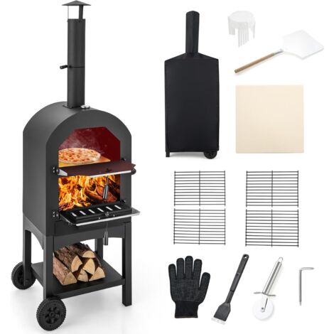 COSTWAY Four à Pizza Extérieur avec Thermomètre Intégré, Grill à Pizza Mobile avec Poignée et Roues Pratiques Couvercle Etanche Tiroir de Collecte des Cendres, pour Cour Jardin Patio, Noir