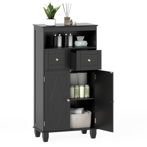 COSTWAY Freestanding Bathroom Cabinet 108cm 2 Drawers 2 Doors Adjustable Black