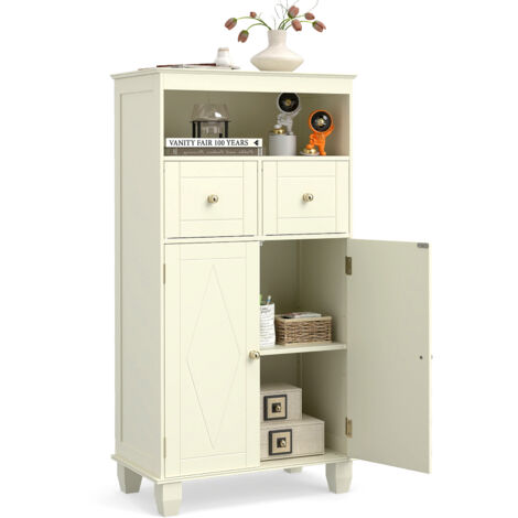 COSTWAY Freestanding Bathroom Cabinet 108cm 2 Drawers 2 Doors Adjustable White