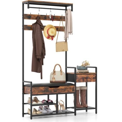COSTWAY Freestanding Coat Rack Hall Tree with Shoe Storage Bench-Brown