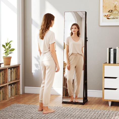 COSTWAY Freestanding Jewelry Storage Organizer 360° Swivel Jewelry Cabinet-Brown
